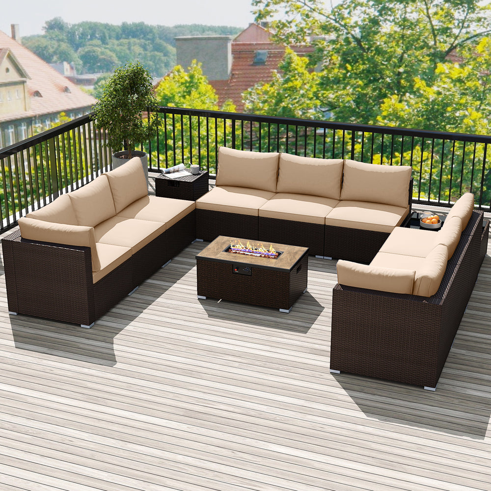 Outdoor PE Rattan Conversation Set with 32” Propane Fire Pit Table and Tank Holder-Beige - Gallery View 1 of 7