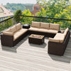 Outdoor PE rattan conversation set with beige cushions and 32” propane fire pit table, perfect for balcony or garden.