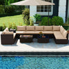 Outdoor PE rattan conversation set with beige cushions and propane fire pit table, perfect for poolside relaxation.