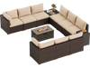 Outdoor PE rattan conversation set with beige cushions and 32” propane fire pit table, perfect for garden or patio use.