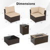 Dimensions of the Outdoor PE Rattan Conversation Set with fire pit table, featuring beige cushions and detailed.