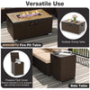 Outdoor PE rattan fire pit table with archaized brick top, 40000BTU heat output, and propane tank cover for versatile.