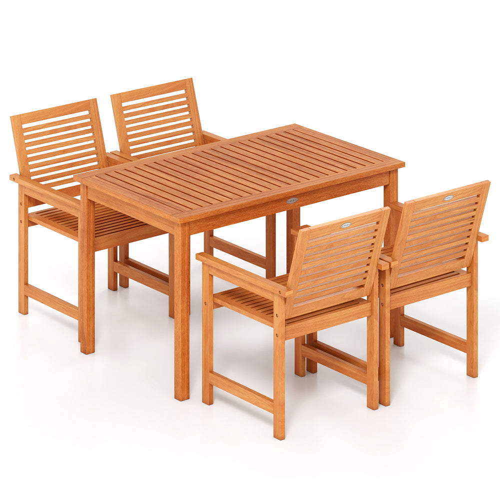 5-piece patio wood dining set featuring a rectangular table and four ergonomic chairs for outdoor dining comfort.