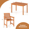 Patio wood dining set dimensions showing a rectangular table and ergonomic chair with slatted surfaces for outdoor use.