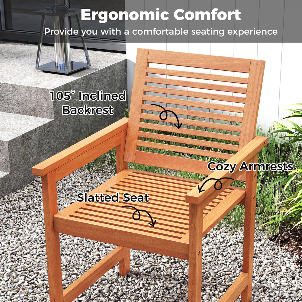Ergonomic wooden chair with slatted seat and inclined backrest, perfect for outdoor patio dining and relaxation.
