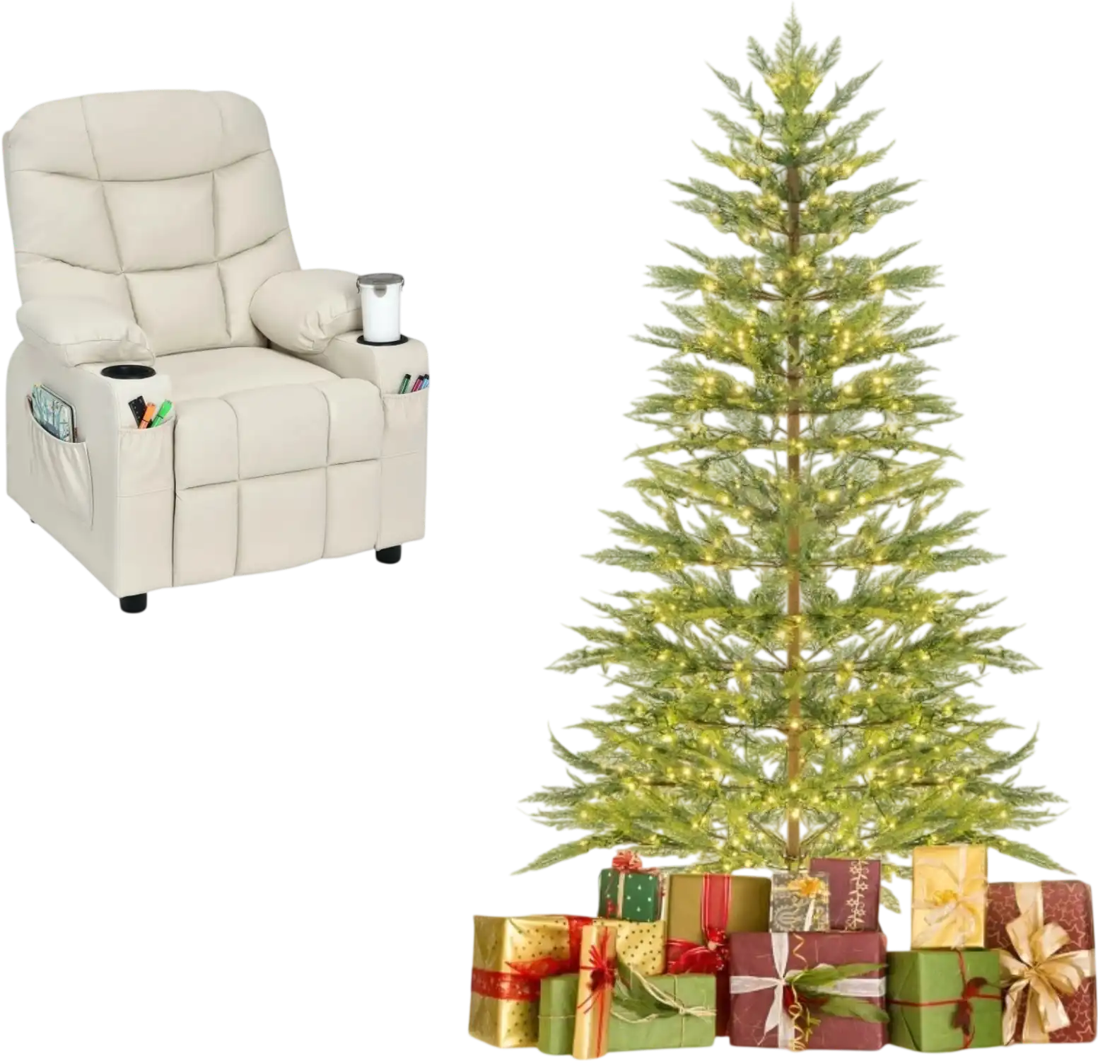 Costway 6.5' Pre-Lit Christmas Tree & Beige Kids Recliner Chair Set 72856955 New