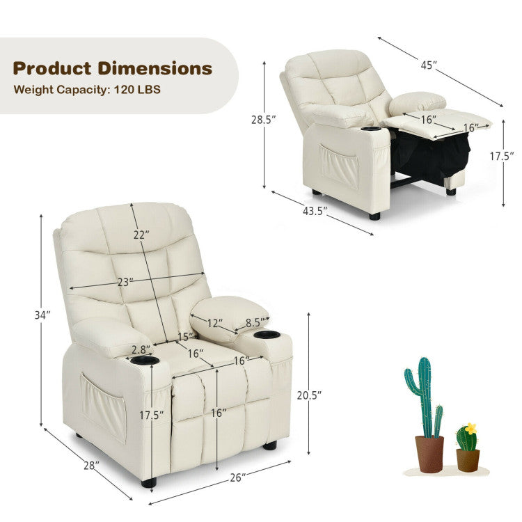 Beige kids recliner chair with cup holders and extended footrest, perfect for cozy holiday relaxation.