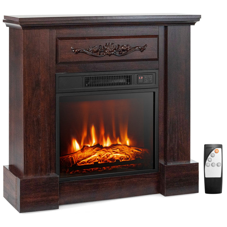 Acacia wood electric fireplace TV stand with realistic flames, remote control, and rustic vintage design for cozy.
