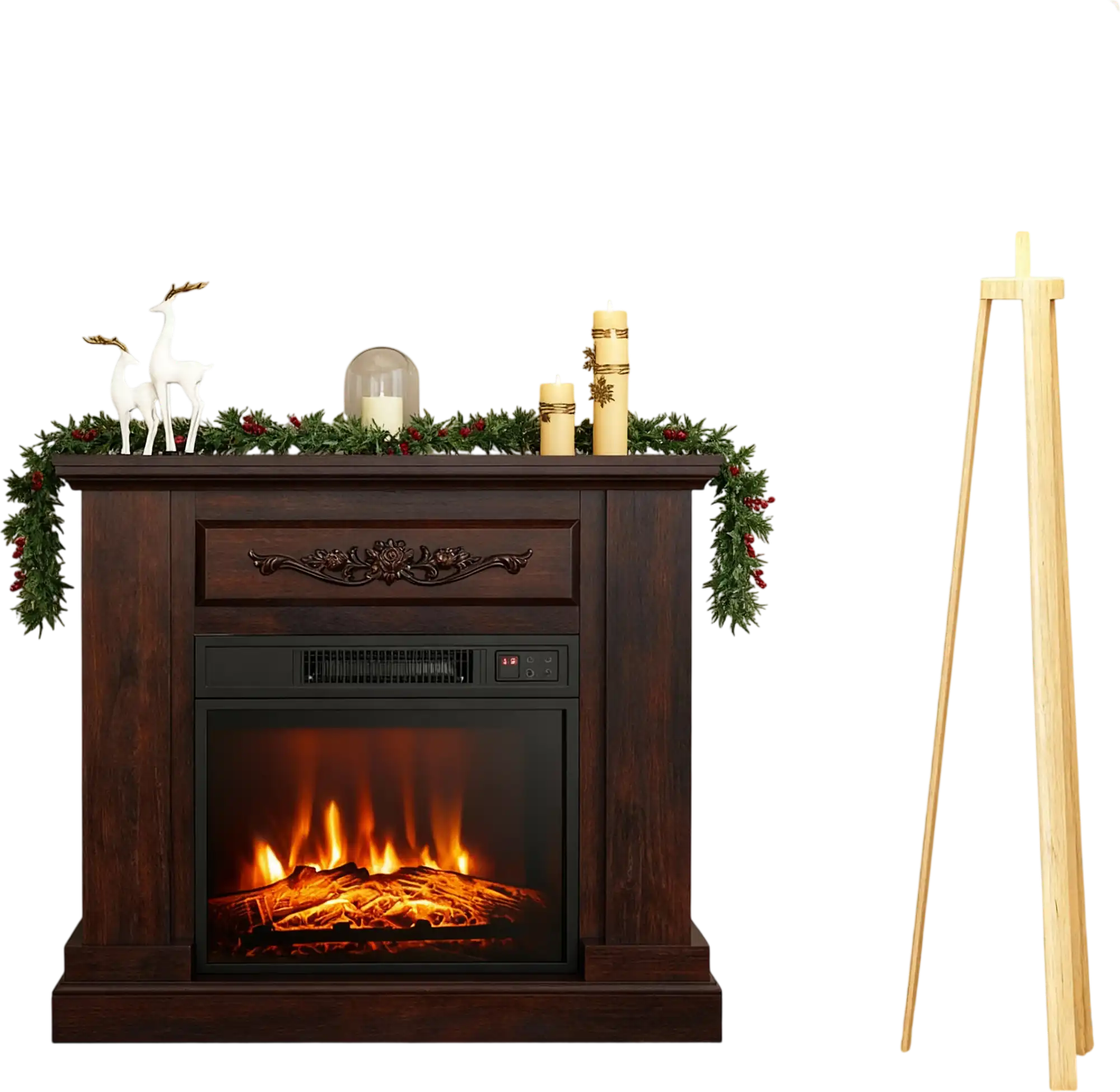 Costway Acacia Wood Mirror Electric Fireplace TV Stand Set 65227779 New