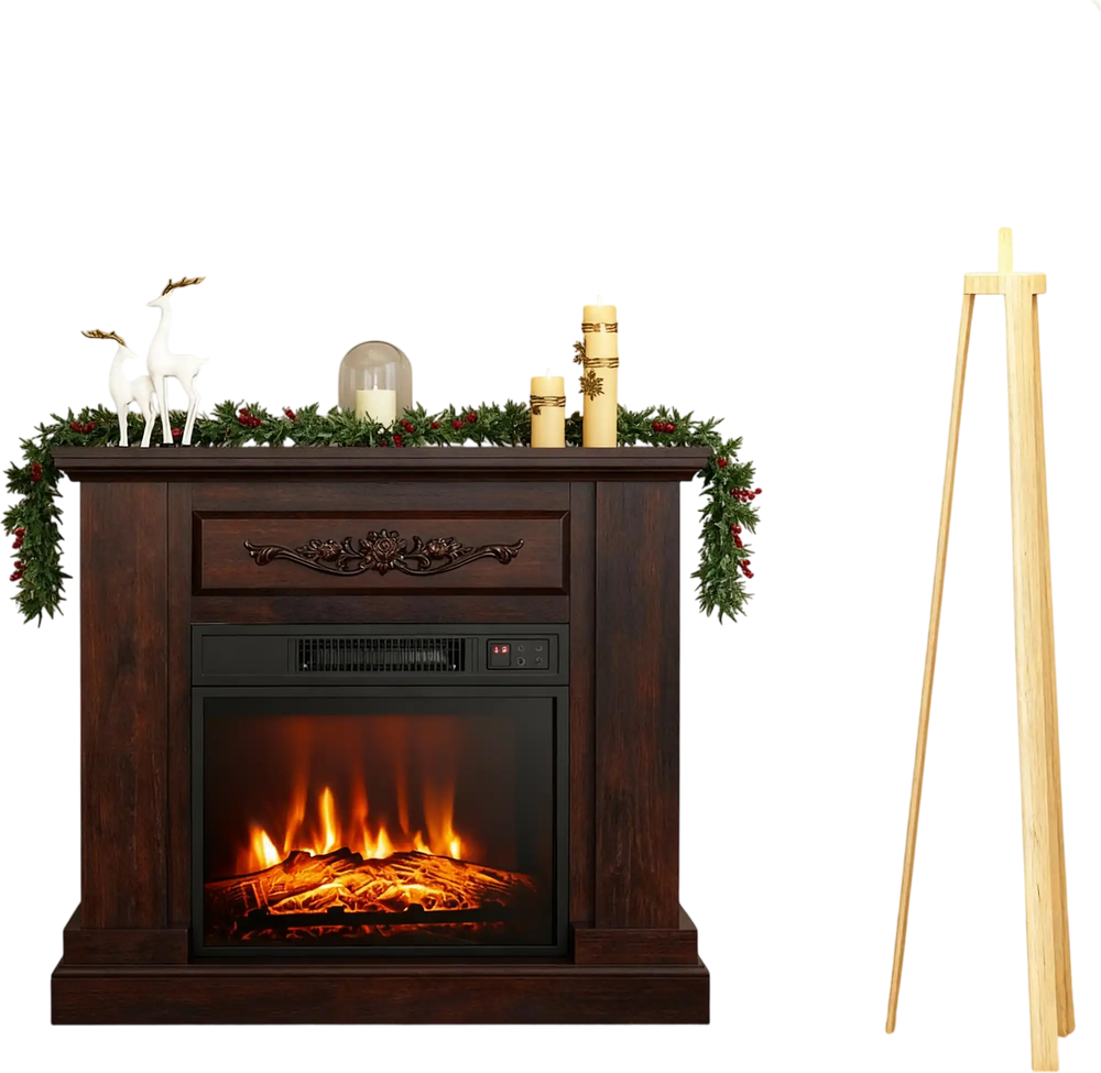 Acacia Wood Mirror & Electric Fireplace TV Stand Set - Rustic Vintage Home Heating Bundle