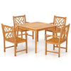 Square acacia wood dining table set with 4 chairs, slatted design, ideal for patios and cozy gatherings.