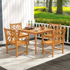 Square dining table set with 4 acacia wood chairs, slatted design, perfect for cozy outdoor gatherings on patios.