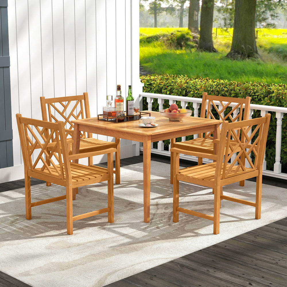 Square dining table set with 4 acacia wood chairs, slatted design, perfect for cozy outdoor gatherings on patios.