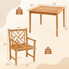 Wooden dining table with four chairs, featuring slatted design and ergonomic backrest, perfect for patio gatherings.