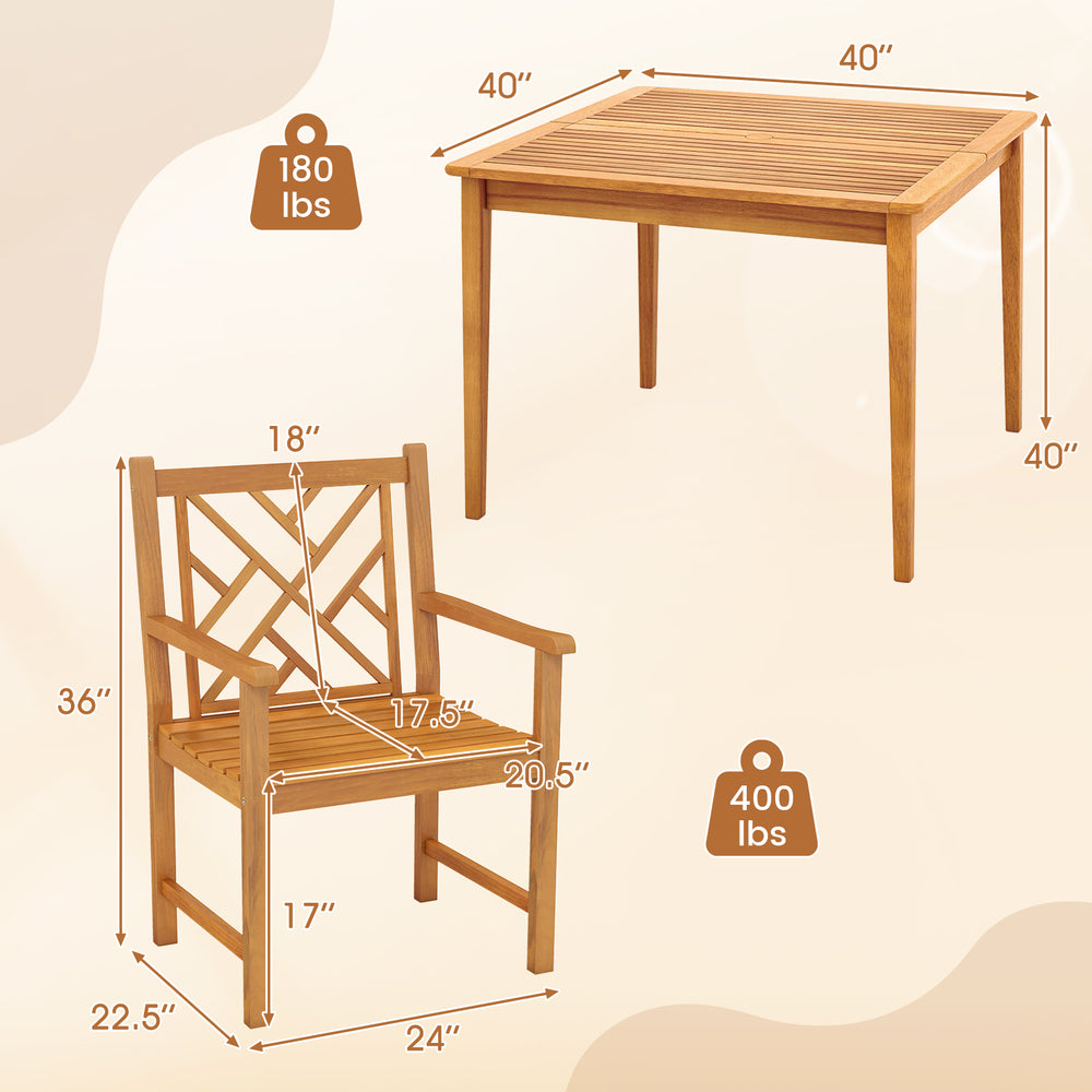 Wooden dining table with four chairs, featuring slatted design and ergonomic backrest, perfect for patio gatherings.