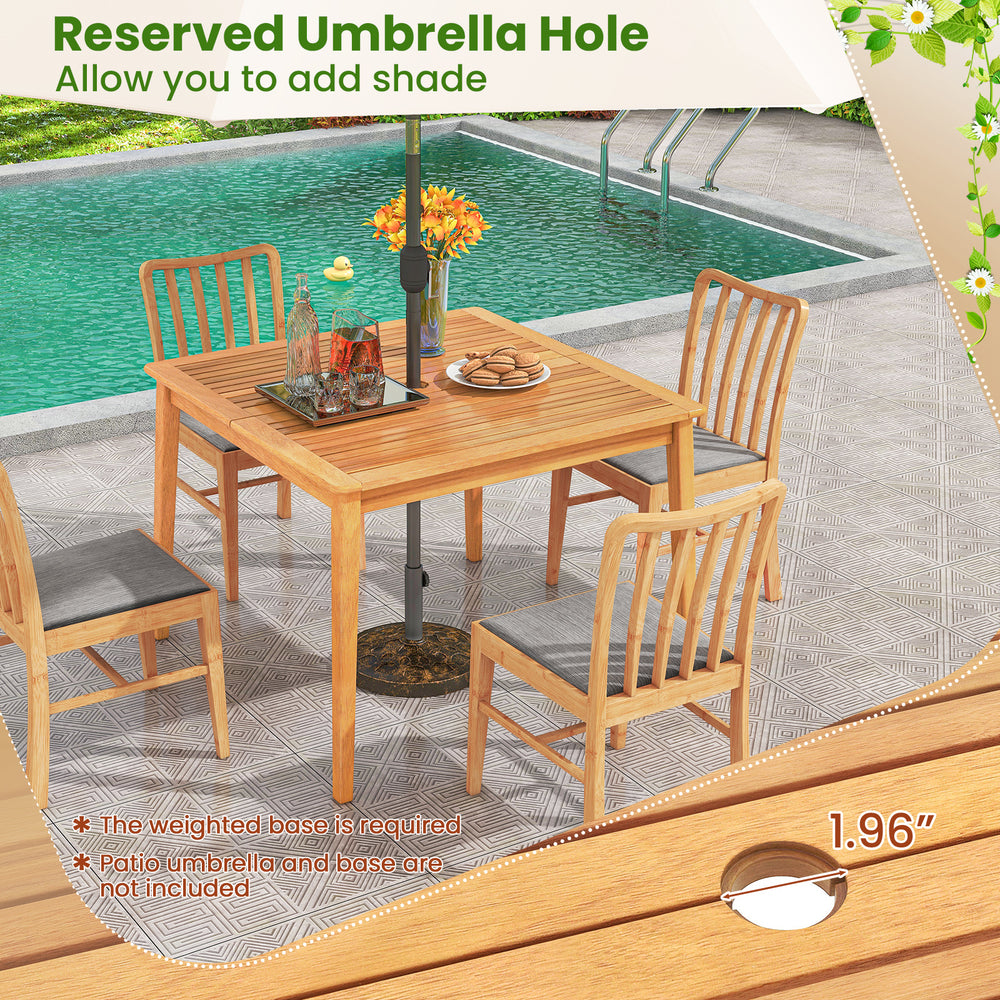 Square dining table set with 4 chairs, crafted from acacia wood, featuring a 1.96” umbrella hole for outdoor shade.