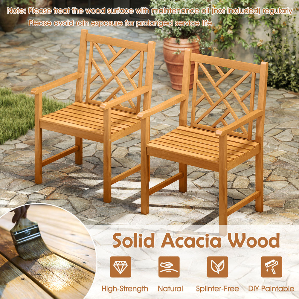 Two solid acacia wood chairs with slatted design, ideal for cozy outdoor dining and relaxation on patios or porches.