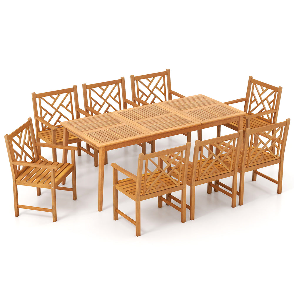Rectangular dining table set with 8 acacia wood chairs, featuring slatted design, perfect for outdoor gatherings.
