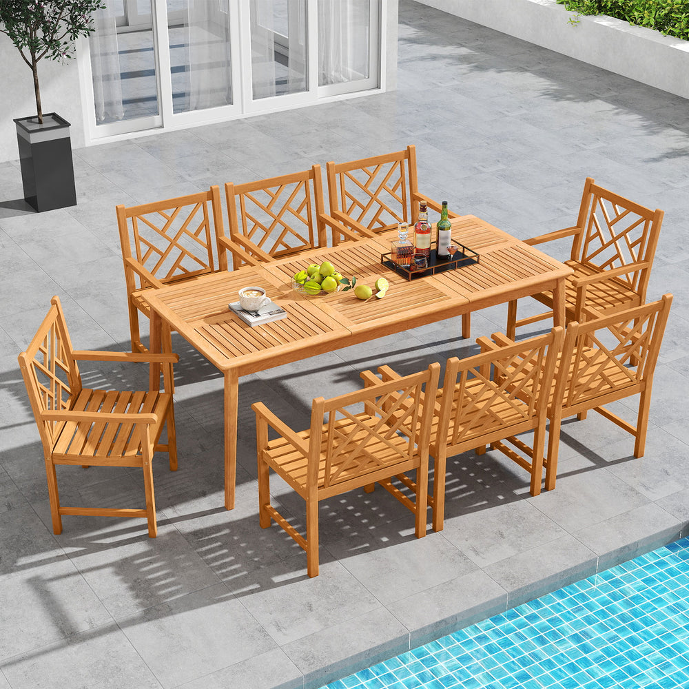 9-piece patio dining set featuring a rectangular acacia wood table and 8 slatted chairs, ideal for outdoor gatherings.