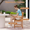 Ergonomic wooden chair with inclined backrest and curved armrests, ideal for outdoor dining and relaxation.