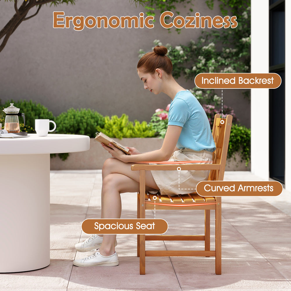 Ergonomic wooden chair with inclined backrest and curved armrests, ideal for outdoor dining and relaxation.