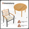Acacia wood dining set dimensions showing round table and metal chair with cushions, ideal for outdoor patio gatherings.