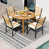 Round outdoor dining set featuring acacia wood table and metal chairs with cushions, perfect for patio gatherings.