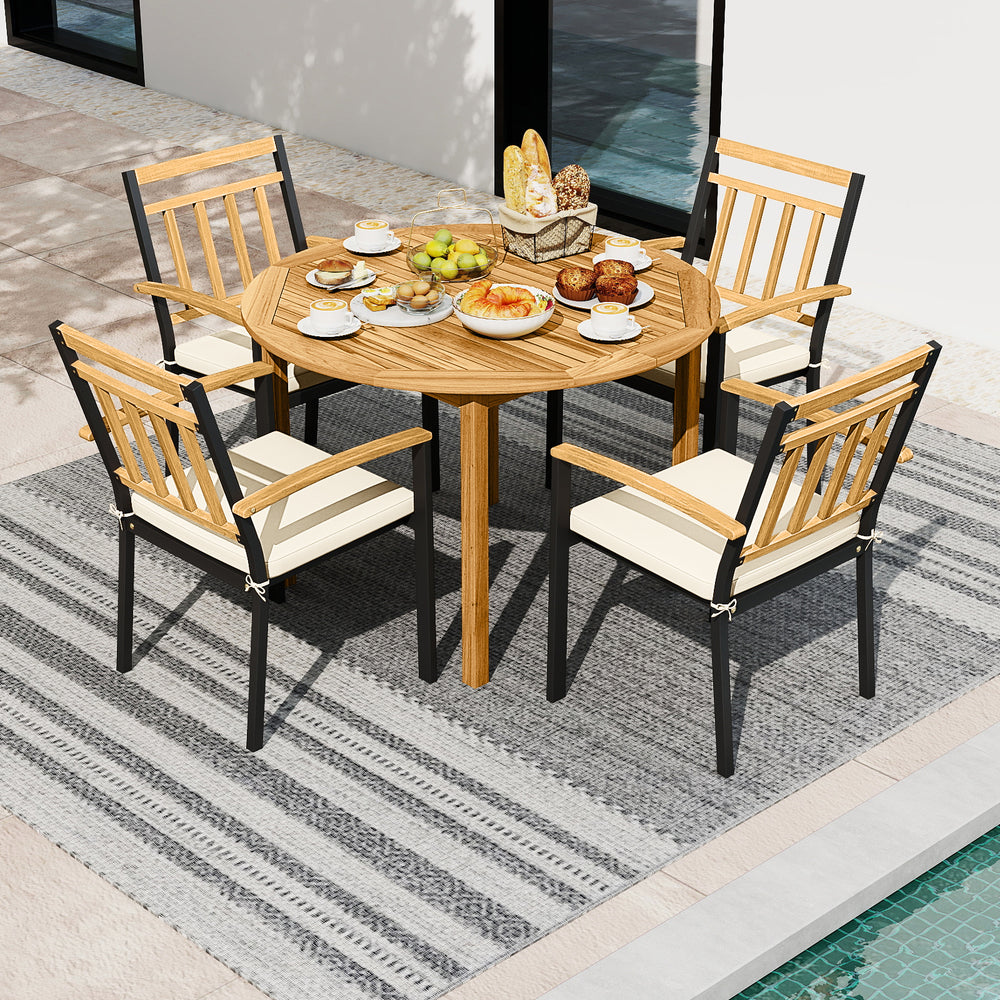 Round outdoor dining set featuring acacia wood table and metal chairs with cushions, perfect for patio gatherings.
