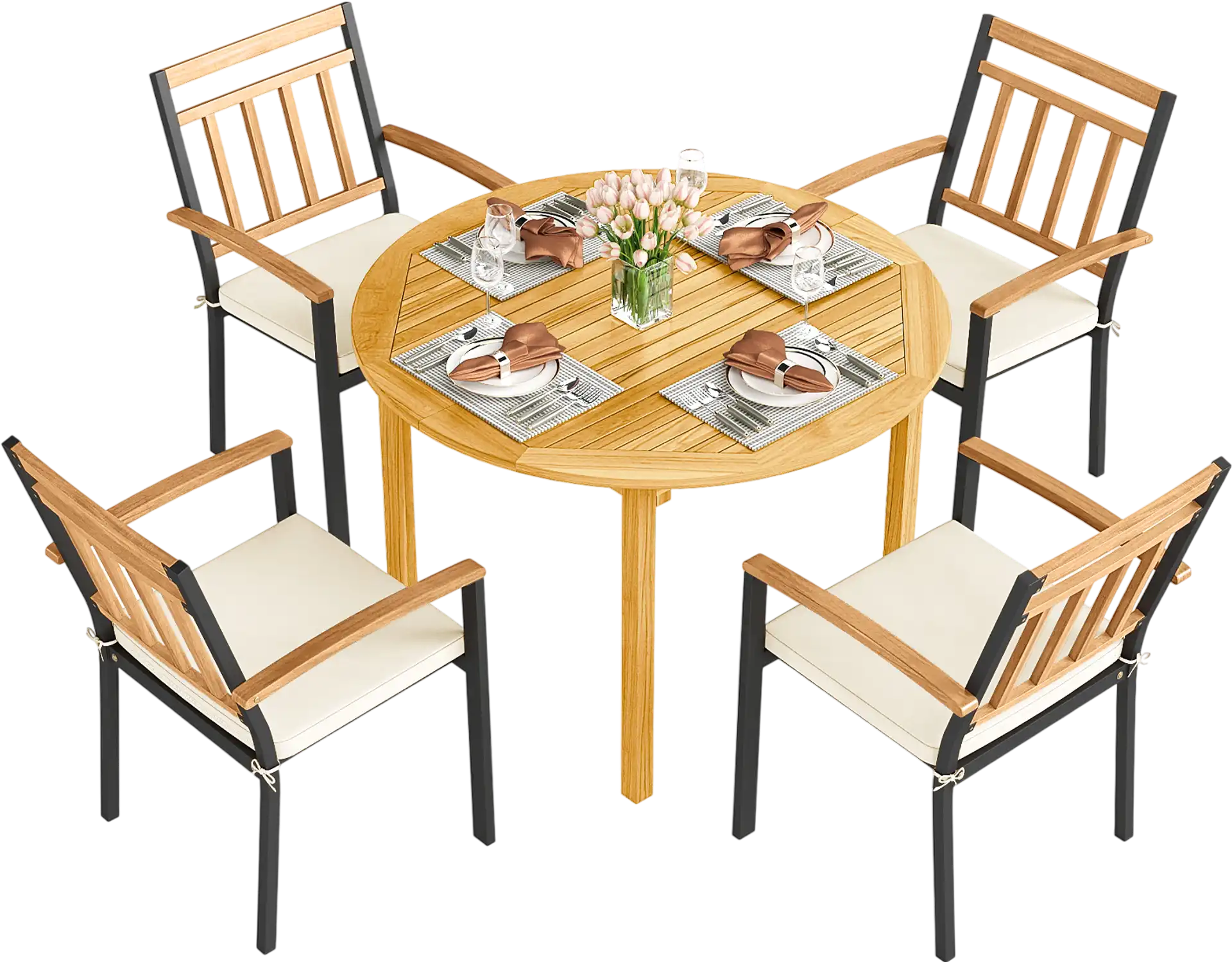 Costway 5-Pc Outdoor Patio Acacia Wood Round Dining Set w/ Metal Chairs & Cushions 21481887 New