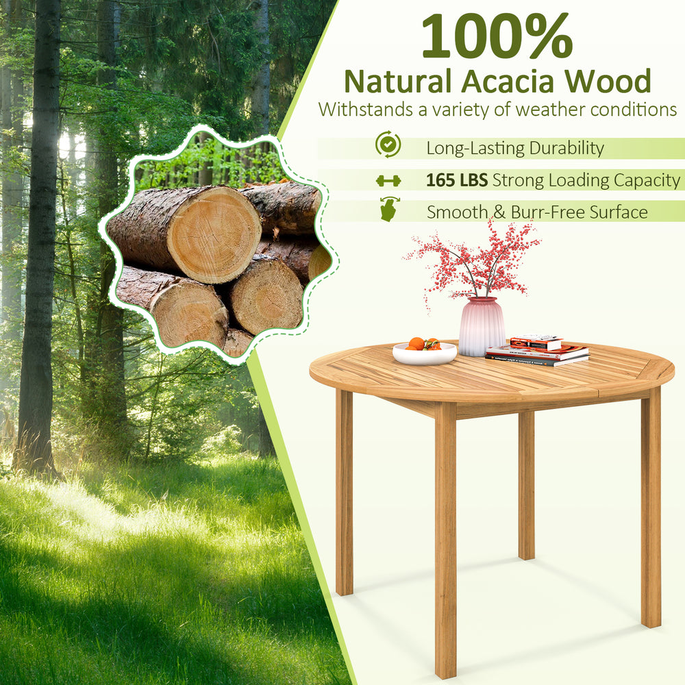 Round acacia wood table with smooth surface, ideal for outdoor dining; supports 165 lbs, perfect for patio gatherings.