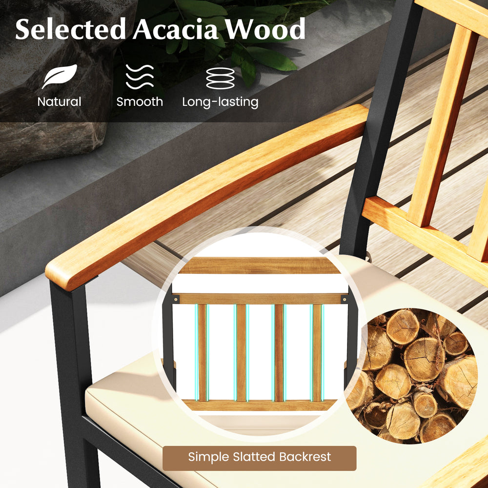 Close-up of the acacia wood backrest with slatted design, part of a 5-piece outdoor dining set for patio use.