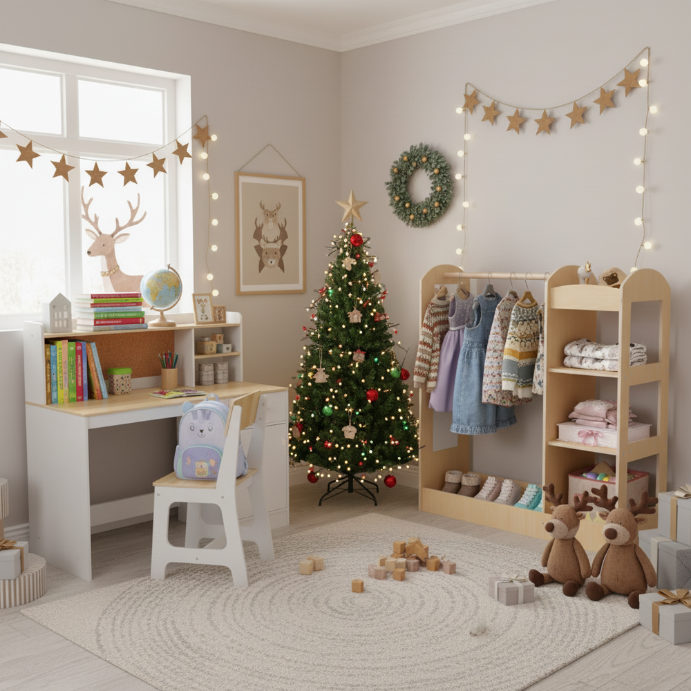 Kids room set featuring a natural study desk, chair, recliner, and a 4-ft Christmas tree for festive decor and play.