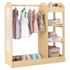 Natural dress-up storage wardrobe with mirror, featuring hanging clothes and shelves for kids' organization and.