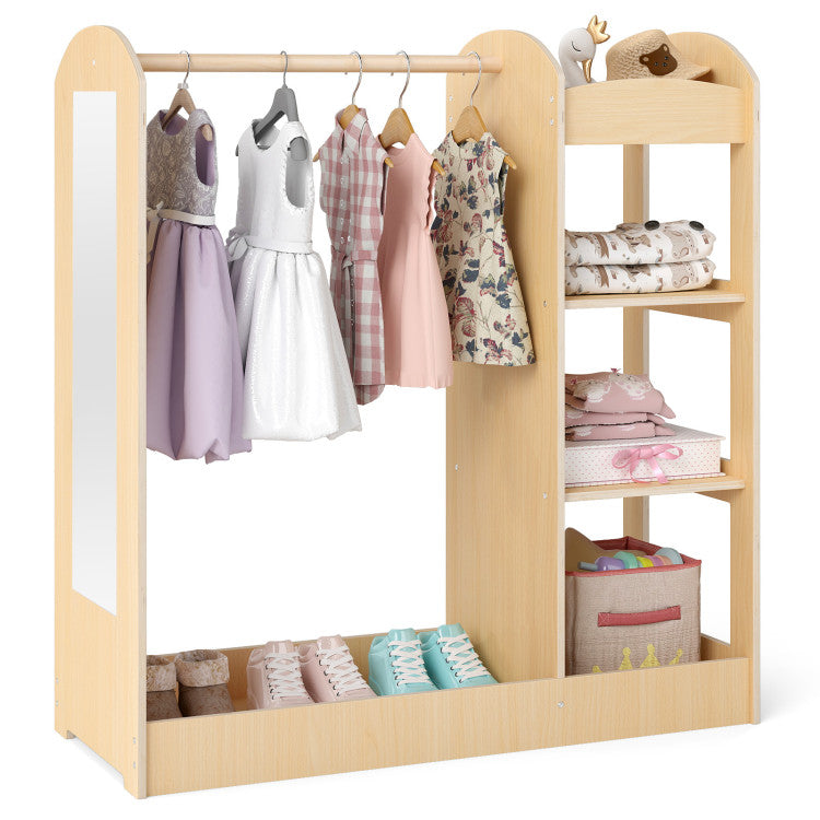 Natural dress-up storage wardrobe with mirror, featuring hanging clothes and shelves for kids' organization and.