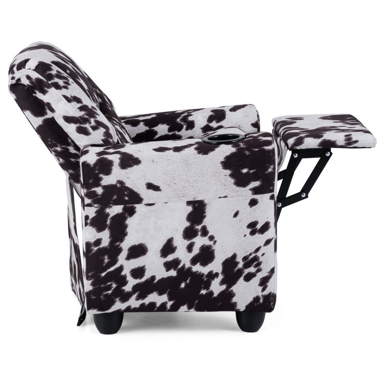 Kids push-back recliner in black and white with cup holder, perfect for reading and relaxing in a child's room.