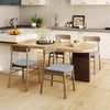 Set of two fabric upholstered kitchen dining chairs with rubber wood frame, featuring curved backrest for lumbar.