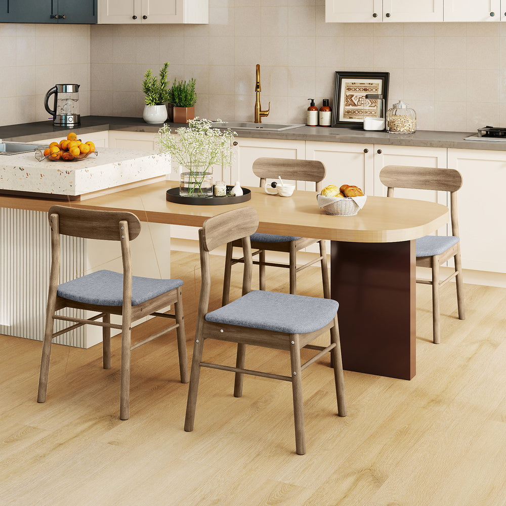 Set of two fabric upholstered kitchen dining chairs with rubber wood frame, featuring curved backrest for lumbar.