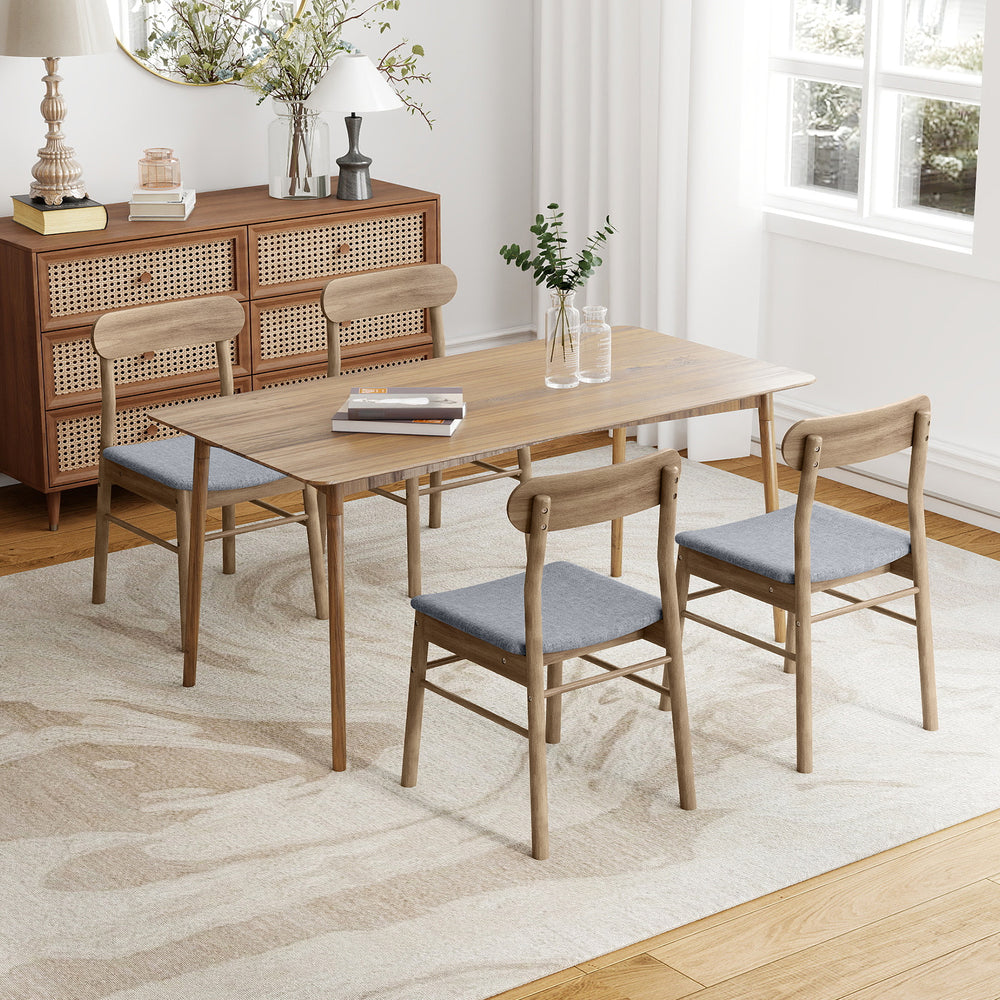 Set of 4 oak dining chairs with rubber wood frame and gray fabric upholstery, ideal for dining rooms or studies.