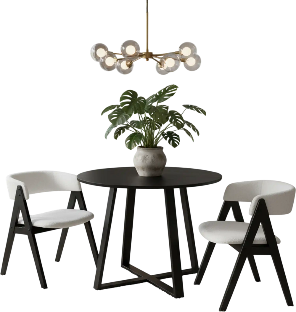 3-Piece Mid-Century Dining Set with 36” Round Pedestal Table and 2 Sherpa Upholstered Chairs