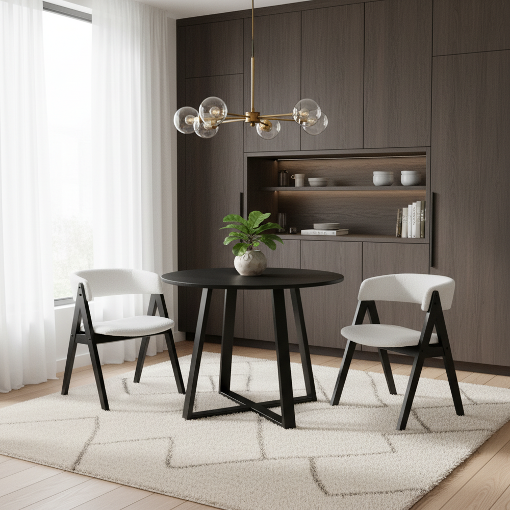 Mid-century 3-piece dining set featuring a 36” round pedestal table and 2 sherpa upholstered chairs for stylish dining.