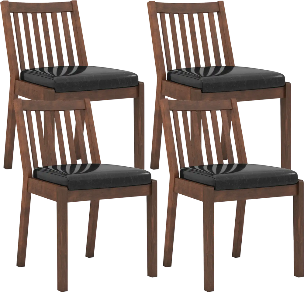 Set of 4 espresso dining chairs with padded PU leather seats and ergonomic slanted backrests for enhanced comfort.