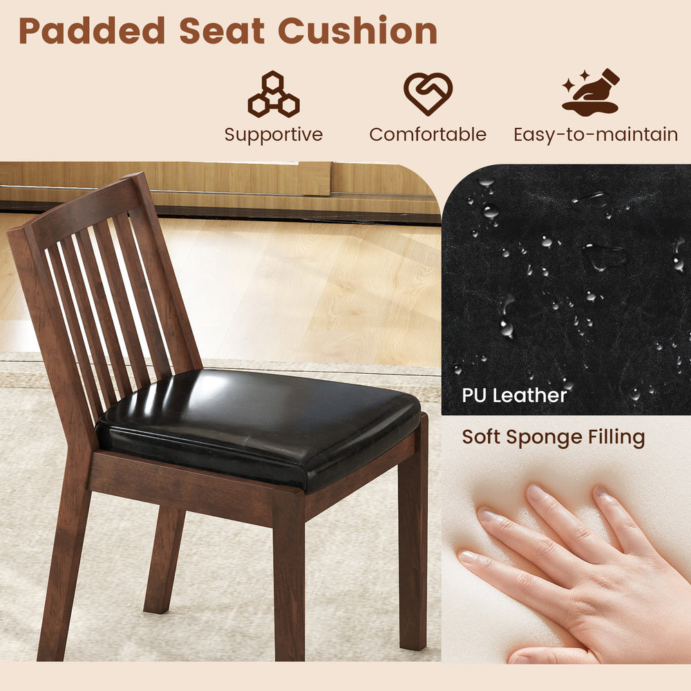 PU leather dining chair with padded seat cushion and ergonomic slanted backrest for comfort in kitchen or dining room.
