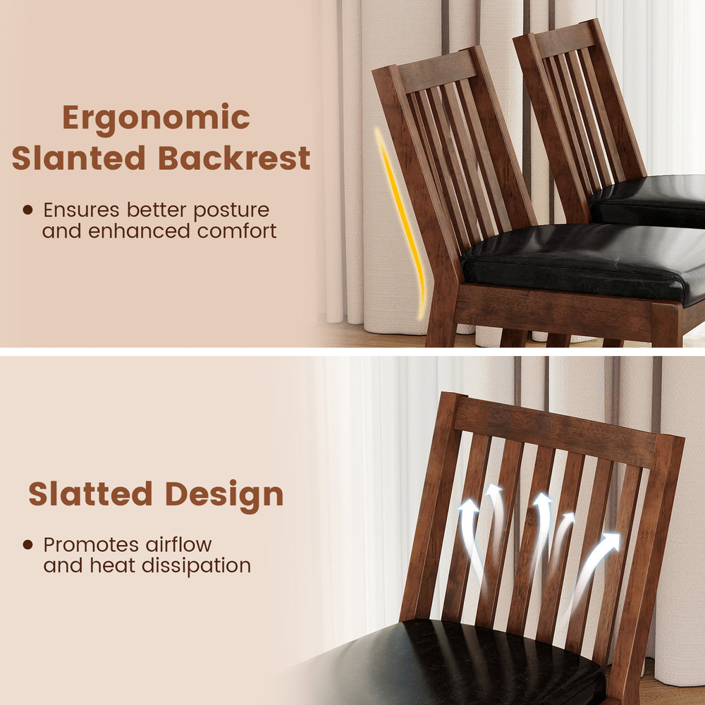 PU leather dining chair set of 4 with ergonomic slanted backrest and slatted design for comfort and airflow.