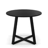 Round pedestal dining table with X-shaped base in black, designed for 2-4 people, perfect for small spaces.