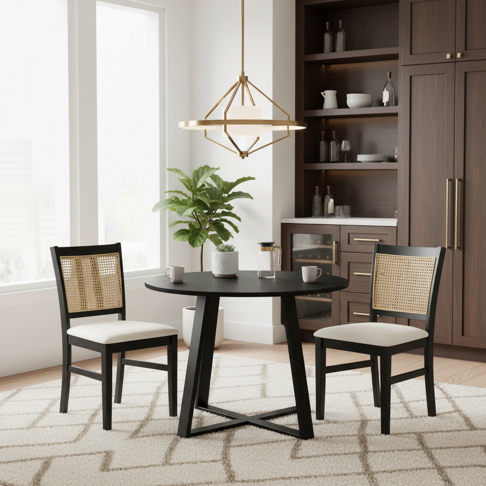 Mid-century 3-piece dining set featuring a 36” round pedestal table and 2 rattan-back chairs for modern interiors.