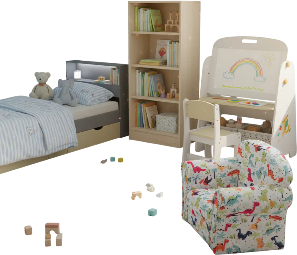 Kids bedroom furniture set featuring a colorful chair, bookshelf, and easel for reading, learning, and resting.