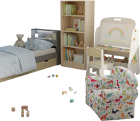 Kids bedroom furniture set featuring a colorful chair, bookshelf, and easel for reading, learning, and resting.