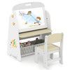 Kids bedroom furniture set featuring a dual-sided easel, bookshelf, and chair for reading and learning activities.