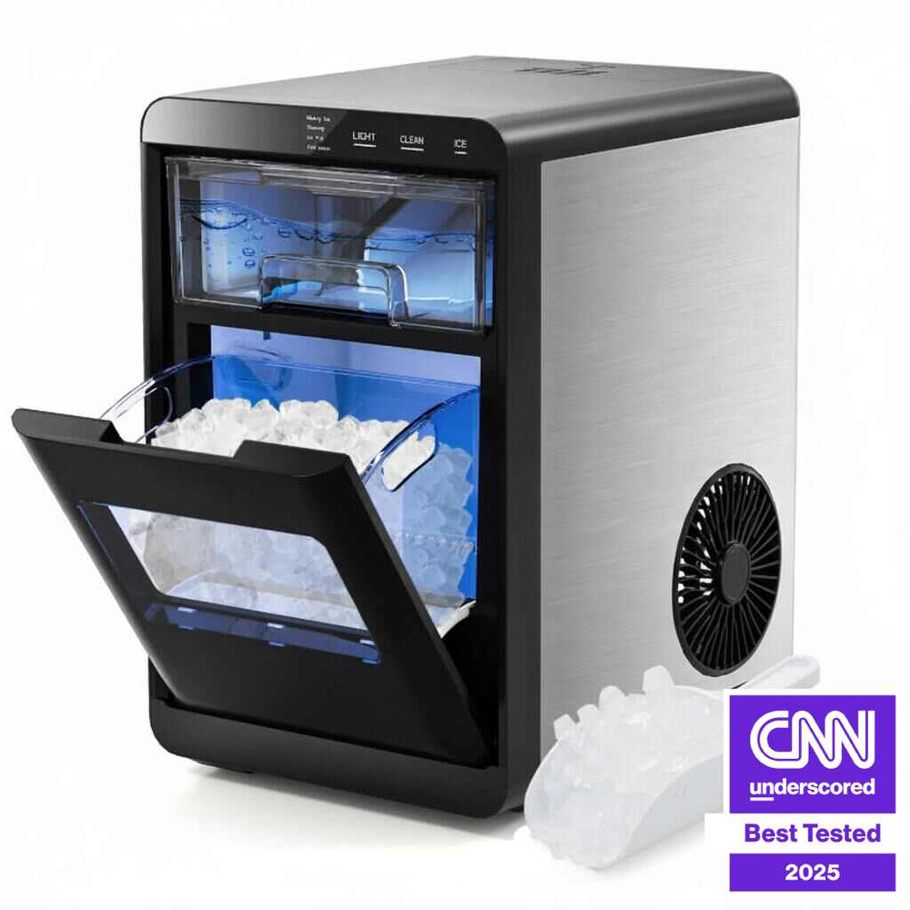 Premium nugget ice maker and espresso machine duo with compact design for home bars and easy coffee preparation.