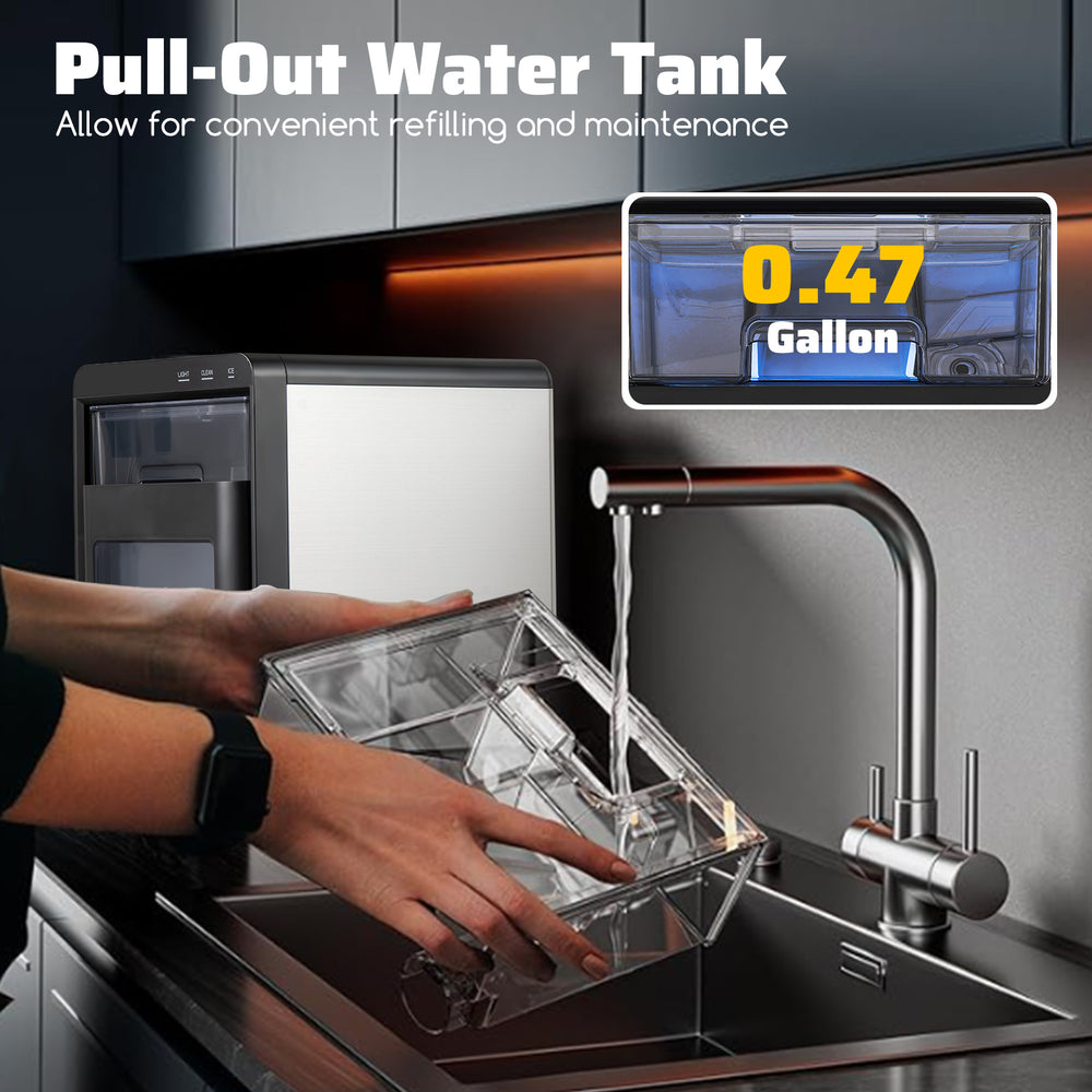 Pull-out water tank for the Premium Ice and Coffee Duo, featuring 0.47-gallon capacity for easy refilling and.